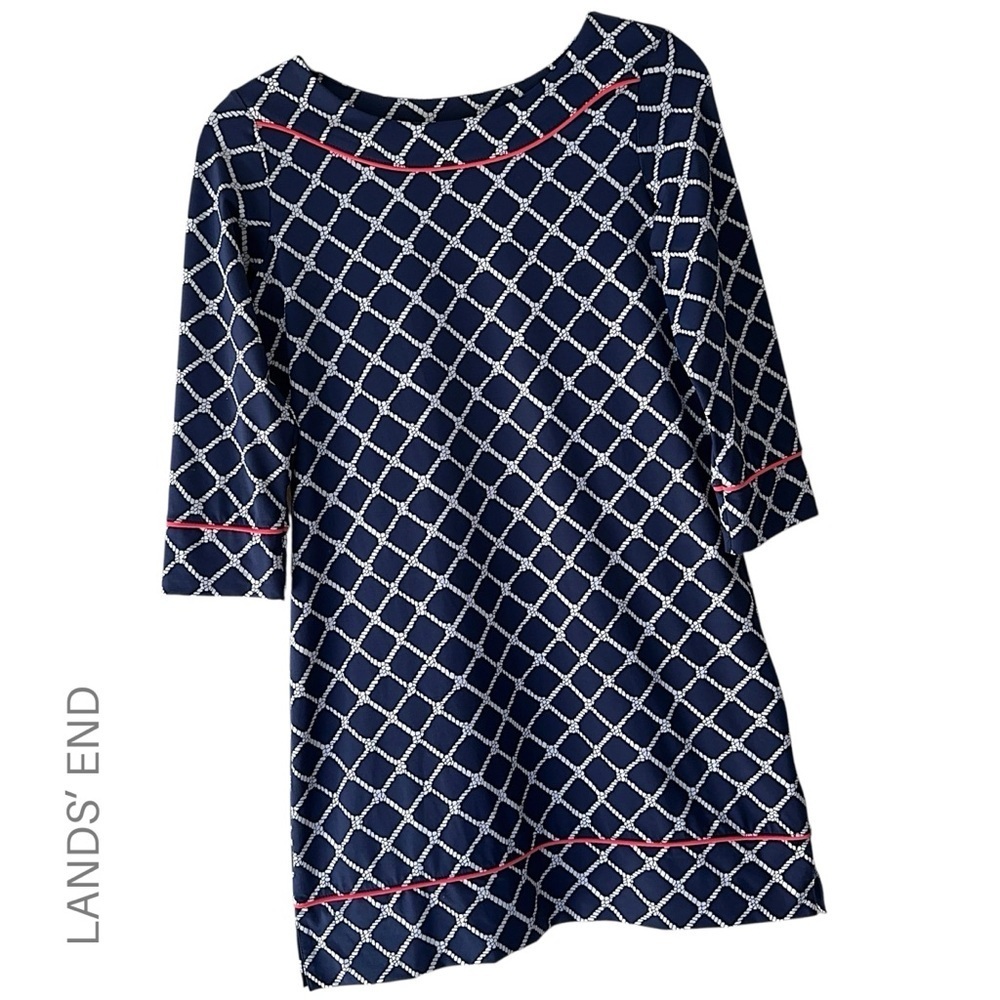 LANDS’ END NWOT NAUTICAL BLUE AND WHITE ROPE PRINT SHEATH DRESS UPF 50 | XS
